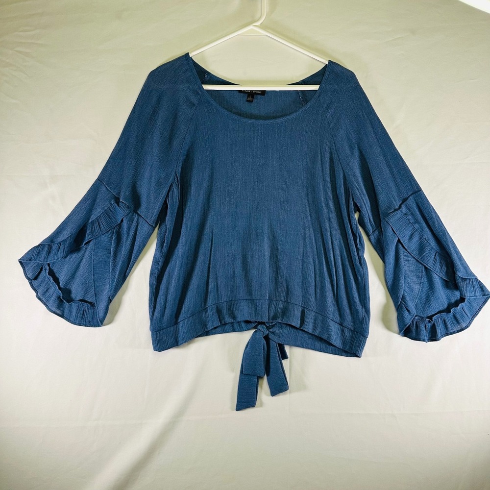 Moa Moa Blue Chambray Bow Front Top Rayon Polyester 3/4 Bell Sleeves Womens L